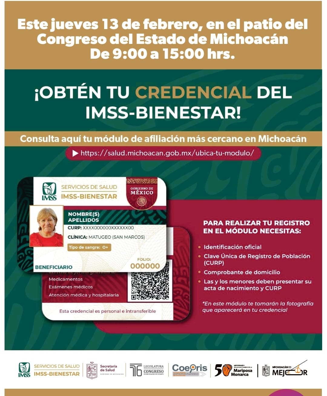 ¡Obtén tu Credencial del IMSS-Bienestar este jueves en el Congreso de Michoacán!